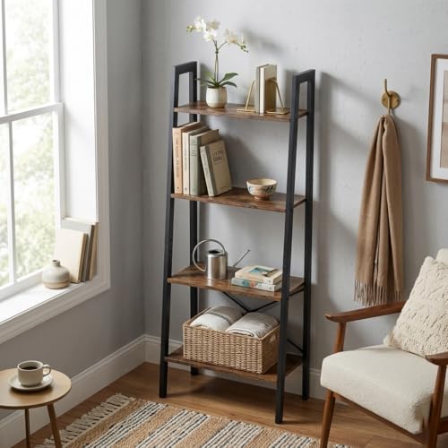 Consejos para Comprar Librero de Escalera los más recomendados. 48 ARREDAMENTI Estantería Escalera, Estantería 4 Niveles, Estantes Almacenamiento, Baño, Sala Estar, Muebles Acento Industrial, Estructura Acero, Marrón Vintage y Negro