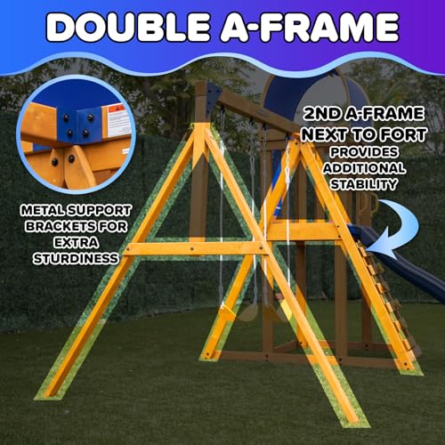 Sportspower Augusta Cedar Wooden Swing Set with Heavy Duty A-Frame & 6ft Double Wall Slide, Bonus Anchor Kit Included