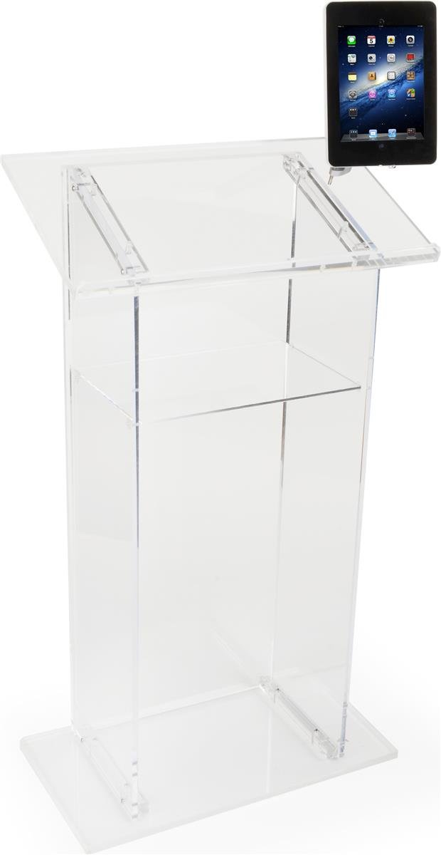 26.75-inch Clear Acrylic Floor Lectern with Clamp-on iPad Enclosure, Fits Generations 2-4 and iPad Air
