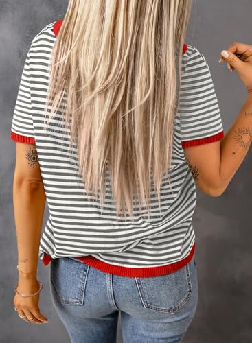 Image of Dokotoo Womens Tops 2026 Casual Summer Crewneck Short Sleeve Striped Color Block Knit High Low Trendy Pullover Sweaters