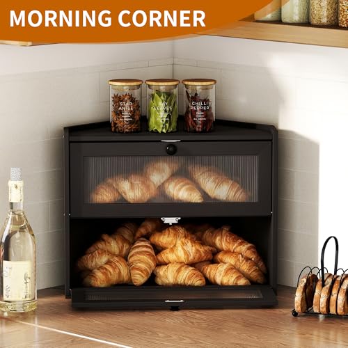EffiQ-Rate 2-Tier Black Bamboo Bread Bin, Spacious Corner Storage Box with Window for Kitchen Counters, 42 x 30 x 35 cm Wooden Food Container for Preserving Homemade Breads and Biscuits - Image 2