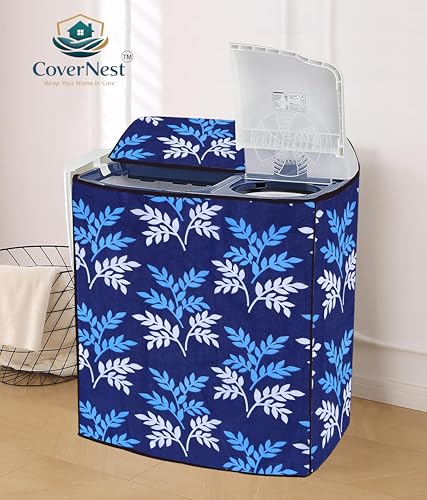 Image of Covernest Semi Automatic Washing Machine Cover, Dustproof, Compatible with 7-8 Kg Washing Machines (WMC-BLUE LEAF SEMI)