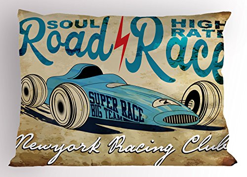 Ambesonne Cars Pillow Sham, New York Racing Club Race Car from Twenties Road Race Team Retro Cool Design, Decorative Standard Size Printed Pillowcase, 26