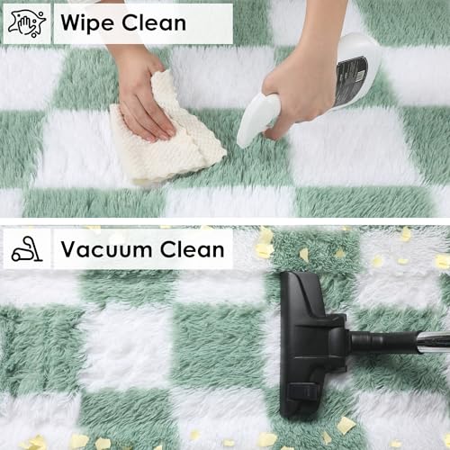 Image of KICMOR Living Room Rugs 5x8 Sage Green and White, Large Fluffy Furry Shaggy Fuzzy Checkered Area Rug Bedroom Big Carpet, Shag Plush Soft Nursery Rug Cozy Room Decor for Teen Toddler Kids Baby Boys