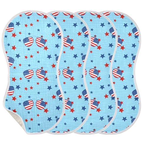 Muslin Burp Cloth for Baby 4PCS Independence Day American Sunglasses (2) Super Absorbent Burping Cloths, Bibs for Newborn Boys Girls