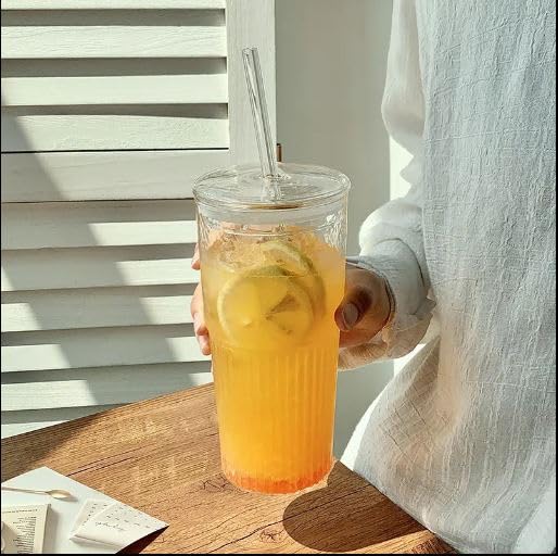Image of Ash & Roh 550ml Large Ribbed Glass Cup with Straw, Reusable Glass Tumbler with Lid for Iced Coffee, Bubble Tea, and Smoothies (Pack of 2)