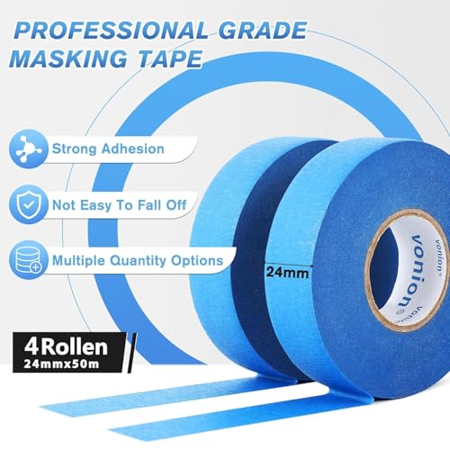 WUFANC Taśma maskująca 24 mm x 50 m, 4 rolki niebieskiej taśmy maskującej, łatwa do usunięcia bez pozostawiania śladów, mocno przywierająca, idealna do prac malarskich i remontowych (4-PCS, 2.4mm)