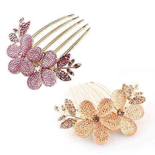 Hatisan Alloy Rhinestone Barrette, Women Girl Fashion Hair Comb Hair Clip with Flower Pattern Hair Fork Hair Accessories, Pack of 2 (pink+champagne)