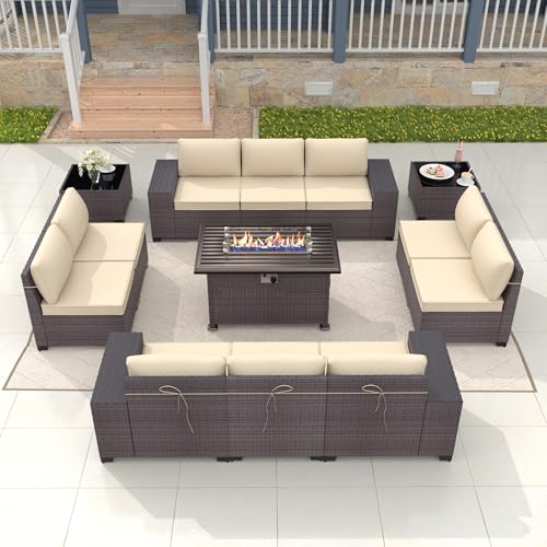Gotland 13 Piece Large Outdoor Furniture Set, 10 Seater Wicker Patio Furniture Set, All Weather Deck Wicker Conversation Set with 43