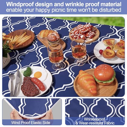 Picnic Table Cover with Bench Covers 6FT 3 Pcs Waterproof Windproof Aesthetic Camping Tablecloth with Drawstring Bag, Fitted for 6 Foot Rectangle Tables and Seats, 72 inch, Navy Blue Morocco