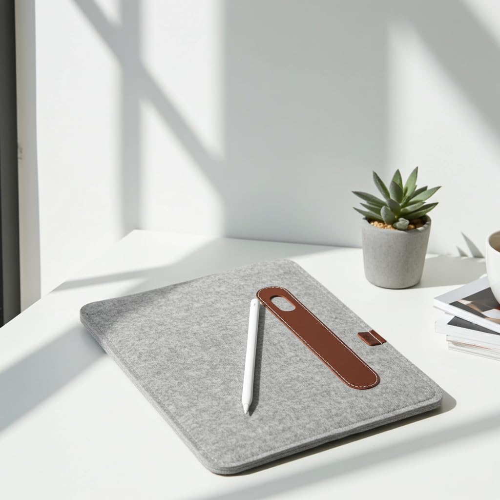 Pack & Smooch Designed for iPad Pro/Air 13 – 100% Wool Felt & Vegetable-Tanned Leather Case, Compatible with Magic Keyboard (Gray/Light Brown)