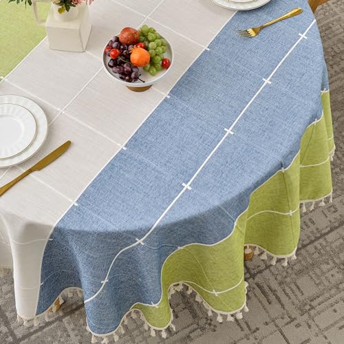 Yomeri Lattice Embroidery Round Tablecloth with Tassel, Heavy Duty Cotton Linen Fabric Wrinkle Resistant Table Cloth Cover for Kitchen Dining Party Decoration, Round 78 Inch, Green/Blue by Yomeri - Used condition - Image 4