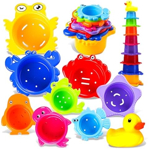 Stacking Cups Bath Toys for Toddlers, Rainbow Bath Cups for Baby 1-3 Years Old, Safe Infant Nesting Cups with Rubber Duckie for Fun Bath Time, Birthday Stocking Stuffers Early Learning Educational Toy Cover