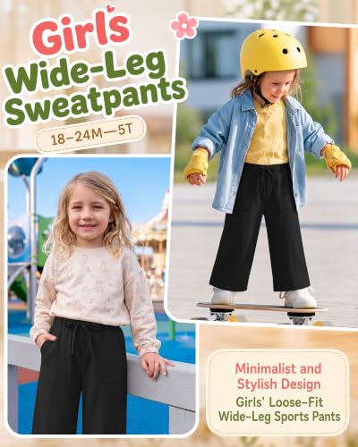 Image of Toddler Girls Wide Leg Pants | Baby Girls Sweatpants, Baggy Drawstring Pants with Pockets, Open Bottom Joggers, Back to School Trousers, for Kids 18M-5T