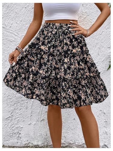 WDIRARA Women\'s Floral Print Ruffle Hem Elastic High Waist Tie Front Skirt Black Boho Large - Thumbnail 5
