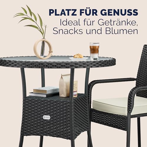 Casaria® Polyrattan Gartentisch 60cm Rund 5mm Sicherheitsglas Höhenverstellbar 80kg Belastbarkeit Wetterfest Terrasse Balkon Beistelltisch Tisch Schwarz