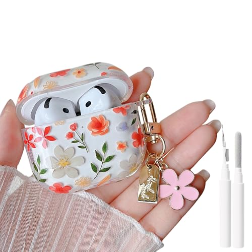 Image of MINSCOSE for AirPods 4 Clear Case,Cute Floral Leaves Pattern Design with Girly Flower Keychain,Soft Silicone Protective Shockproof Cover with Cleaner Kit for Girls Women for Airpod 4-Orange