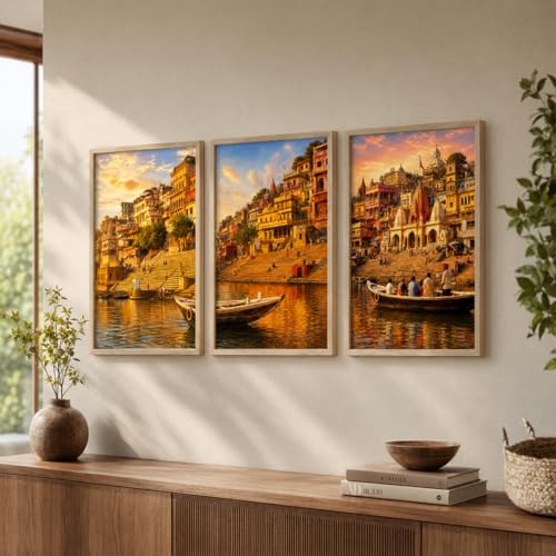 Image of Livin'luxe Set of 3 Banaras Ghat Wall Paintings for Living Room Bedroom Hallway Home Decor with Premium Wooden Color Synthetic Frame (25.5 x 19.5 Inch) NM03-62