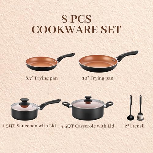 Image of BECIGAR 8pcs Gold Ceramic Pots and Pans Set, Cooking Pan Set,Cooking Pot Set Ceramic Pan Set, Nonstick Cookware Set, Induction Safe Kitchen Cooking Set with Frying Pans, Saucepans, shovel and Ladle
