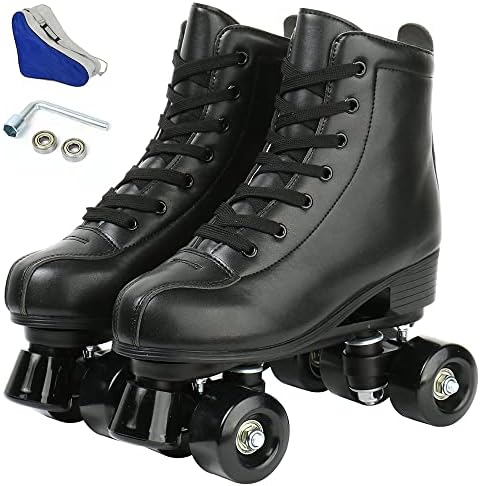 Tmore Roller Skates for Women and Men, Classic Double-Row Indoor Outdoor Roller Skates Premium PU Leather Shiny Four-Wheel Unisex Quad Roller Skates for Beginner Girls Boys (Black Wheel,40)