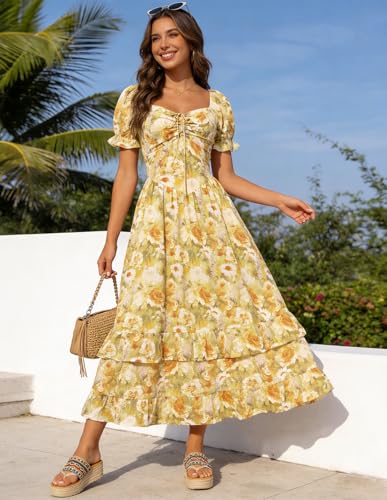 Image of Scarlet Darkness Women Floral Maxi Dress Puff Sleeve Tea Party Corset Dress | Pockets, Ruched Bust, Ruffled Hem, for Cottagecore Fairy Milkmaid Vacation
