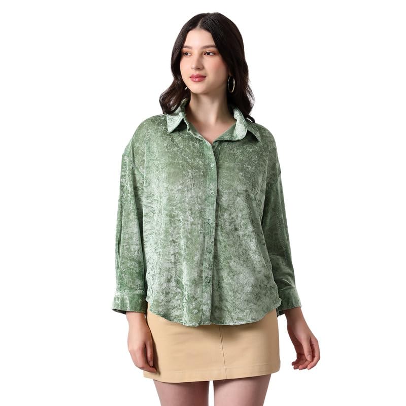 pinacolada Women's Shirt | Spread Collar, Long Single-Button Cuff Sleeves, Button Closure | Solid Velvet | Woven Shirt for Casual Sage Green-picture-23