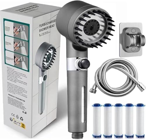 Ion Shower Drops Head Filtered Showerhead With Five Filters,Filtered Shower Head With Handheld,High Pressure Turbo Showerhead,Reusable,Adjustable Settings With Hose4-piece set