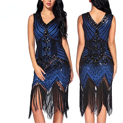 Robe de soirée vintage paillettes saphir L moulante à franges - 2