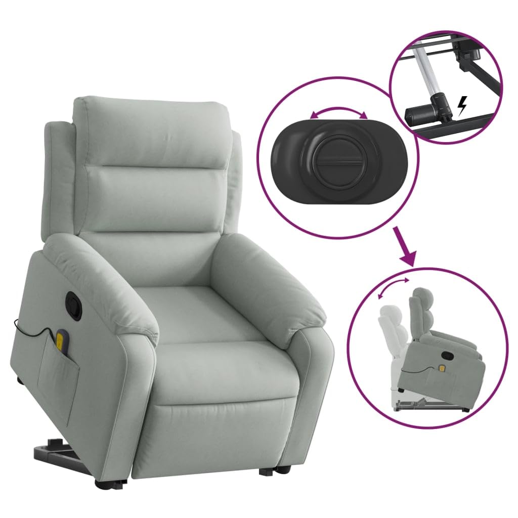 Sillón elevador reclinable gris claro de terciopelo con masaje y elevación eléctrica, función de vibración de 6 puntos, reclinación manual de 135 grados, estructura estable