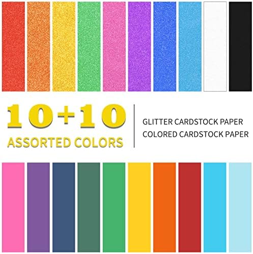 VETUZA 20 Sheets Glitter&Colored Cardstock Paper - 250GSM Cover, A4 Mixed Colored Craft Cardstock for DIY Kraft Project