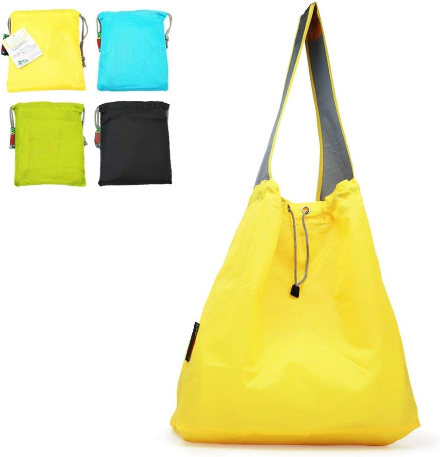 4 Pack Ripstop Nylon Foldable Reusable Grocery Shopping Bag with Pouch & Inner Pocket, Draw-String