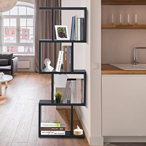 Giantex 4 Tier Bookshelf S Shaped Bookcase, Multifunctional Wooden Display Decor Furniture, Free Standing Industrial Storage Rack For Living Room Bedroom Office, Modern 4 Shelf Bookcase (Black, 1) #TOP7