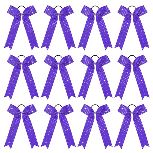 DEEKA Glitter Collegiate Style Rhinestone Ponytail Holders - 12 PCs Handmade Skinny Shiny Long Tail Bows for Girls, Teens, Cheerleaders and Sports - Purple