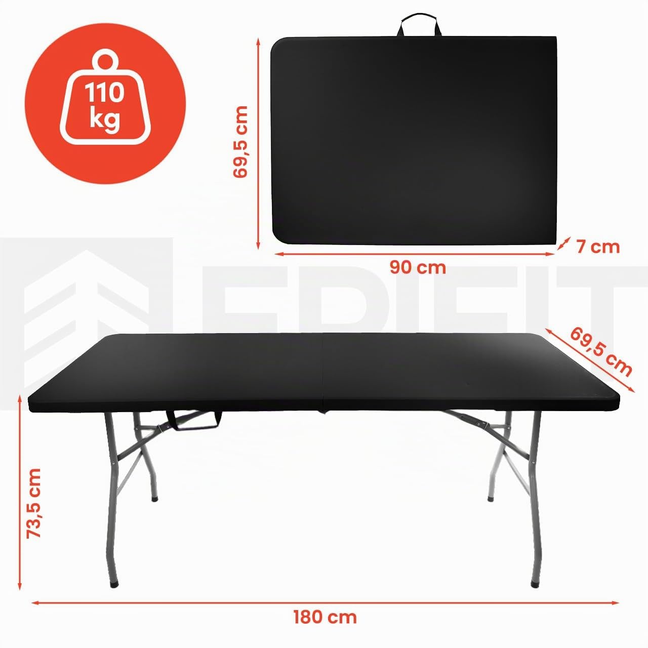 Table de jardin pliante de 180 cm avec plateau en polyéthylène haute densité et structure en acier solide - Pliable, résistante aux intempéries et portable pour jardin, terrasse, camping, fêtes