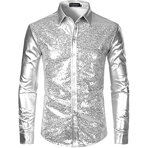 LucMatton Men's Shiny Metallic Sequin 70s Disco Long Sleeve Button Down Shirts for Halloween Cosplay Club Rock Hip Hop Party Silver Medium Cover