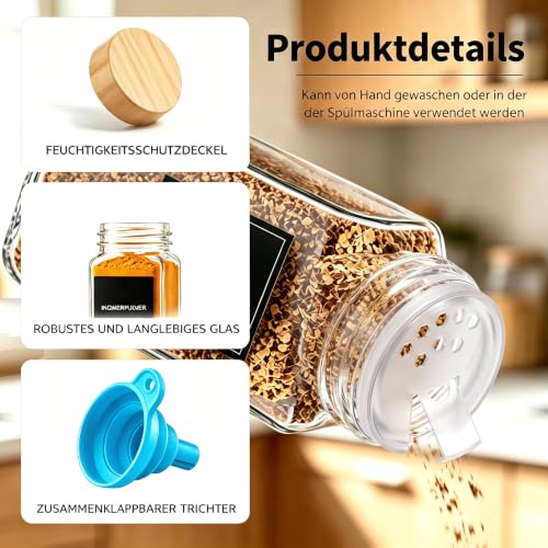 DIFULI 24 Gewürzgläser Eckig Set mit Deckel, 120ml Gewürzdosen mit 340 Etiketten, Gewürzstreuer Spice Jars Gewürzbehälter mit Trichter mit… – Ansicht 3
