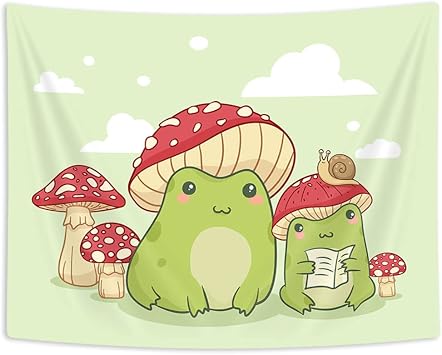 Uokiuki Kawaii Frog Mushroom Snails Wall Art, Green Tapestry for Bedroom, Cottagecore Room Dorm 60 x 51 Inch