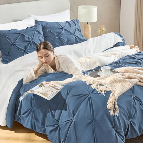 Image of Andency Full Pinch Pleat Comforter Set (79 inchx90 inch),3 Piece Lightweight Pintuck Bedding Comforters & Sets, Fluffy Down Alternative Comforter with 2 Pillow Shams for All Season,Ocean Blue