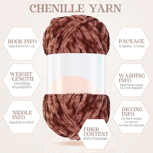 Image of Xinnun 12 Skeins 1116 Yards Chenille Velvet Soft Thick Plush Yarn Bulk for Crocheting Knitting Blanket DIY Weaving Craft, 6mm, 3.5 Oz /Skein(Retro Color)
