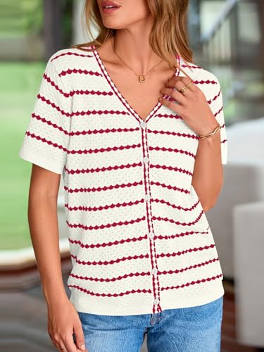 NALANISA Women's Short Sleeve Sweater Spring Summer Crochet Knit Tops 2025 V Neck Striped Button Down Dressy Casual Blouses2