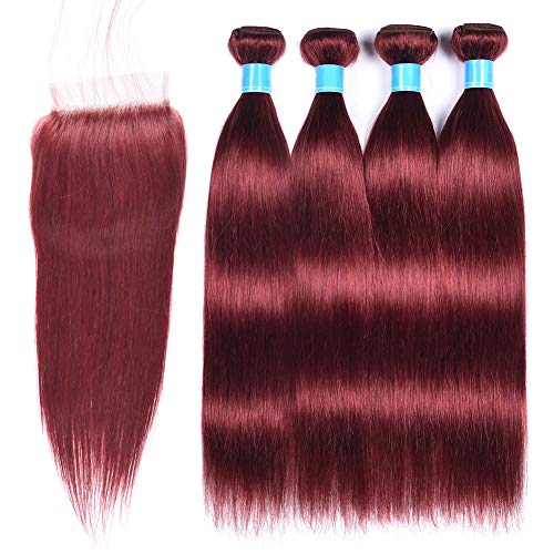 #33 Hair Bundles With Closure Peruvian 4 Bundles With Lace Closure Straight Hair Bundles Burgundy Bundles With 4x4 Lace Closure(10121416+10closure)50grams/bundle By Leticia