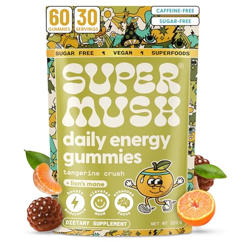 SuperMush Energy Mushroom Gummies - Organic Lions Mane Supplement with Cordyceps, Rhodiola, L-Theanine, Maca - Vegan & Sugar-Free - Energy, Focus, Stamina, Stress Reduction - 60 Gummies (30 Servings)