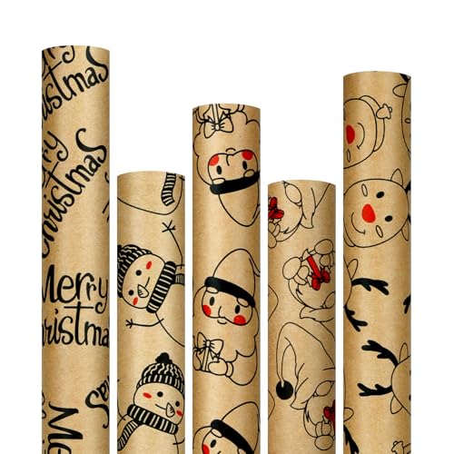 ZALAON Christmas Wrapping Paper - Kraft Paper- 5 x 3M Christmas Wrap Paper Rolls 43.2CM Wide Xmas Wrapping Paper for Gift Boxes Festival Decoration, 15M