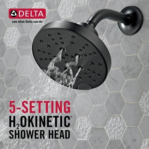 Miniatura 6 de Cabezal de ducha Delta Faucet de 5 chorros con tecnología H2Okinetic, cabezal de ducha tipo lluvia negro mate, cabezal de ducha redondo, cabezal de