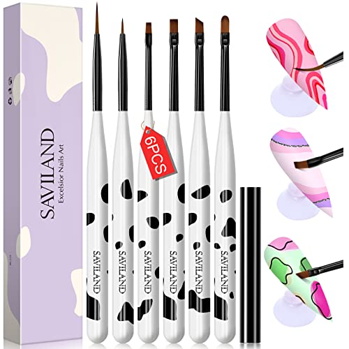 Saviland Nail Art Brushes Set - 6pcs Nail Art Design Brushes Gel Nail Paint Brush Set with Nail Extension Gel Brush, UV Gel Polish Nail Brush, Nail Art Liner Brush for Nail Salon