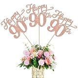 Rsstarxi 12 Pack Happy 90th Birthday Party Decorations Happy 90th Birthday Centerpiece Sticks for Table, 90th Birthday Wedding Anniversary Party Table Toppers Decorations Rose Gold