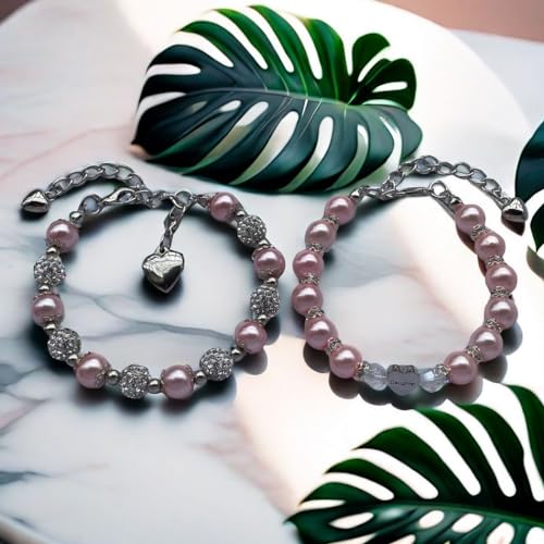 Image of DOLON 2 Pcs Imitation Pink Pearls Crystal Beads Heart Charm Bracelets Gift for Granddaughter,Sister,Daughter with Graduation Birthday Christmas First Day Wish Card