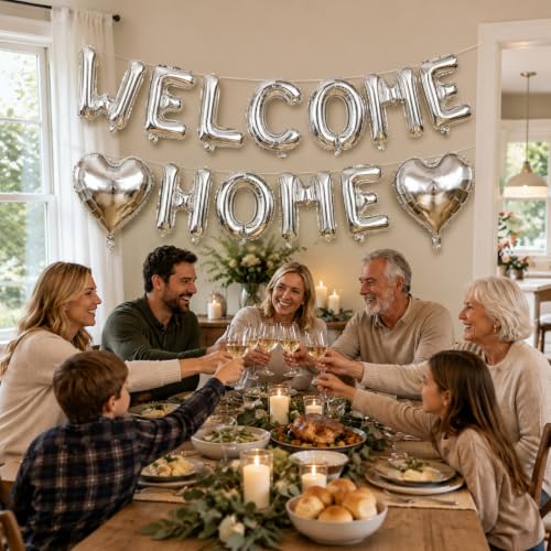 Image of TONIFUL Silver Welcome Home Balloon Set - 16 Inch Mylar Foil Letter Balloons with Silver Heart Balloons for New Home, Housewarming, Welcome Back, Military Homecoming, Retirement Party Decorations