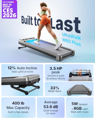 Image of MERACH UltraWalk W60 Walking Pad Treadmill with 12% Auto Incline, Under Desk Walking Pad 400lb Capacity, Max 3.5HP Heavy Duty Walking Pad with Incline for Tall People with BT Speaker, RGB Light & APP