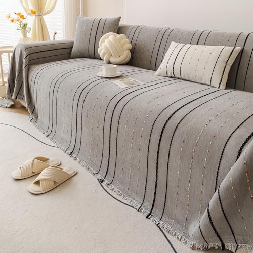 VanderHOME Plaid Sofa Multifuncional Manta de Sofá de Chenilla con Rayas Coloridas y Flecos, Patrón de Líneas Geométricas, Resistente a Arañazos Ideal para Mascotas y Niños 180 * 420cm-Gris